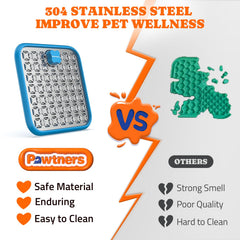 Pawtners lick mat stainless steel construction withstands chewing and daily use.