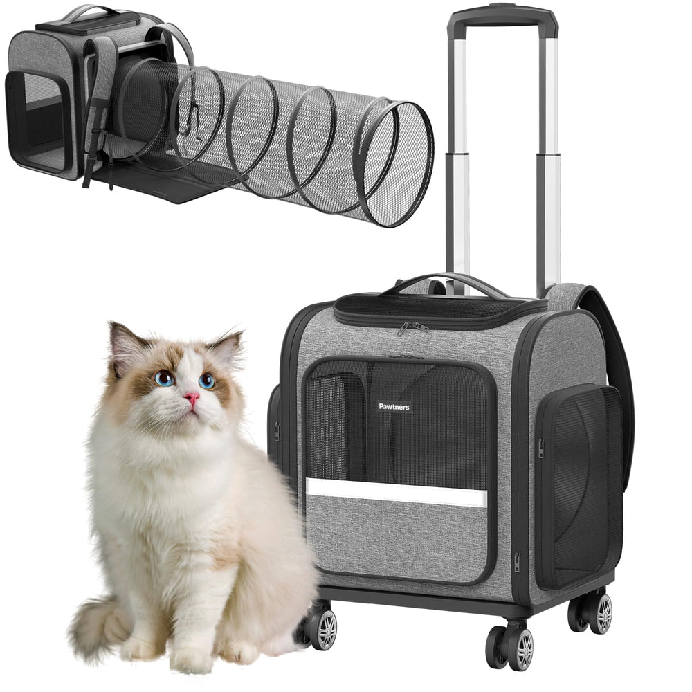 Pawtners rolling cat carrier wheels front view for smooth travel.