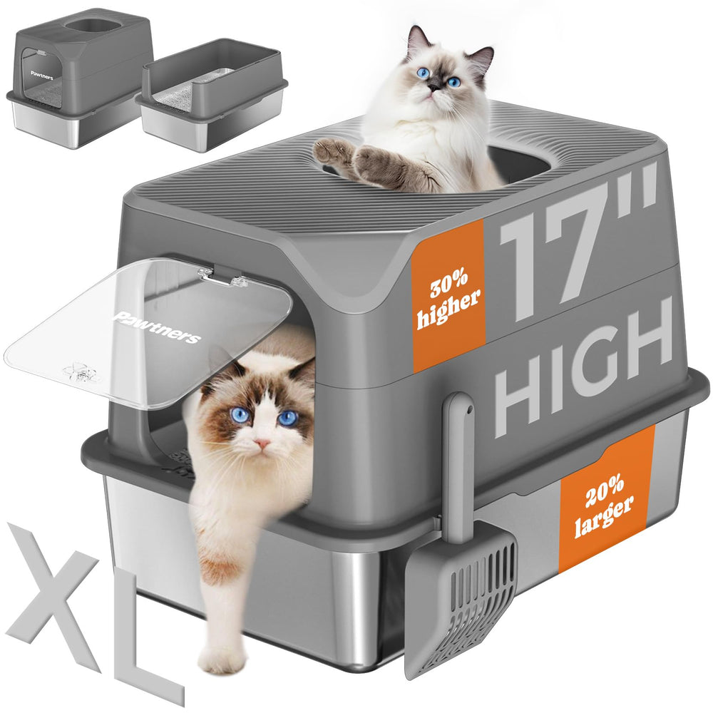 Pawtners stainless steel cat litter box front-entry showcases easy access and odor control