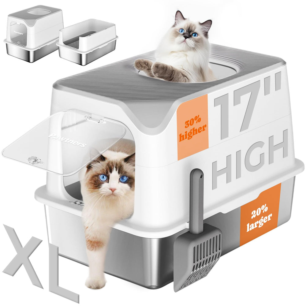 Pawtners stainless steel litter box front-entry view, durable construction for long-lasting use.