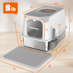 Pawtners stainless-steel litter box high-sides image underlines containment of litter and odors.