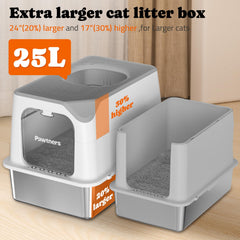 Pawtners stainless-steel litter box side view emphasizes durable, non-stick surface for easy cleaning.