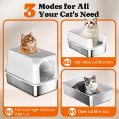 Pawtners stainless steel litter box top-exit design for convenient access and mess containment.