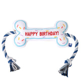 Pawty Birthday Bone toy front view white for safe chewing and playful fetch sessions