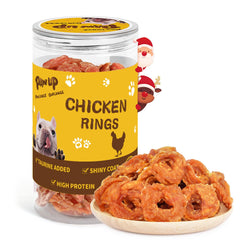 PAWUP Chicken Rings packaging close-up shows clean, protein-rich snack for dogs