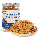 PAWUP chicken-wrapped-fish treats pack highlights high-protein snack with omega-3 for dogs.