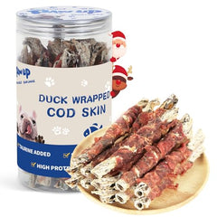 PAWUP Cod Skin Dog Treats packaging highlights natural ingredients for a coat-friendly snack.