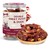 PAWUP duck and sweet potato treats packaging, ideal daily snack for active dogs.