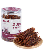 PAWUP Duck Jerky Strips packaging close-up highlighting freshness and a resealable container.