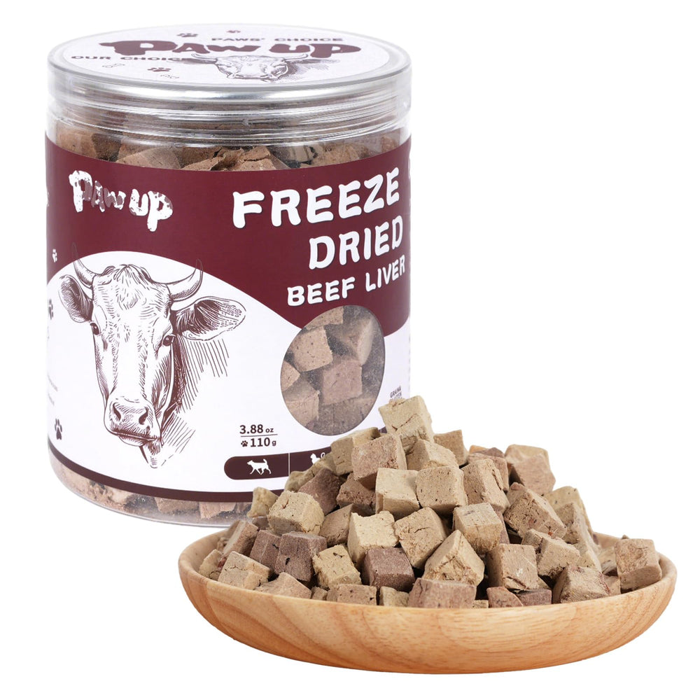 PAWUP freeze-dried beef liver treats packaging shows resealable jar for freshness and on-the-go rewards.