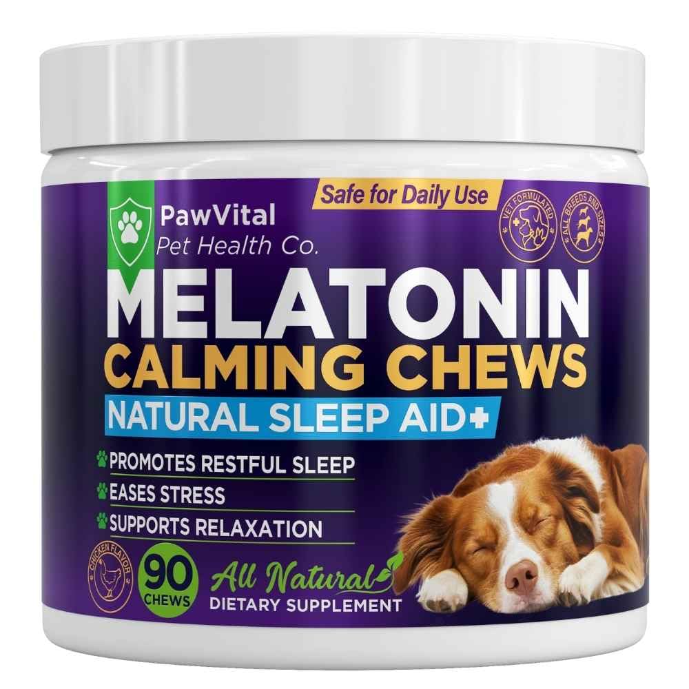 PawVital melatonin calming chews in a dog bowl promote a peaceful evening.