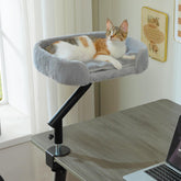 PAWZ Road cat desk bed clip demonstrates secure desk attachment for space-saving lounging
