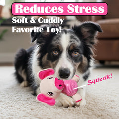 PawZip pink pig squeaky toy close-up showing plush exterior and colorful design.