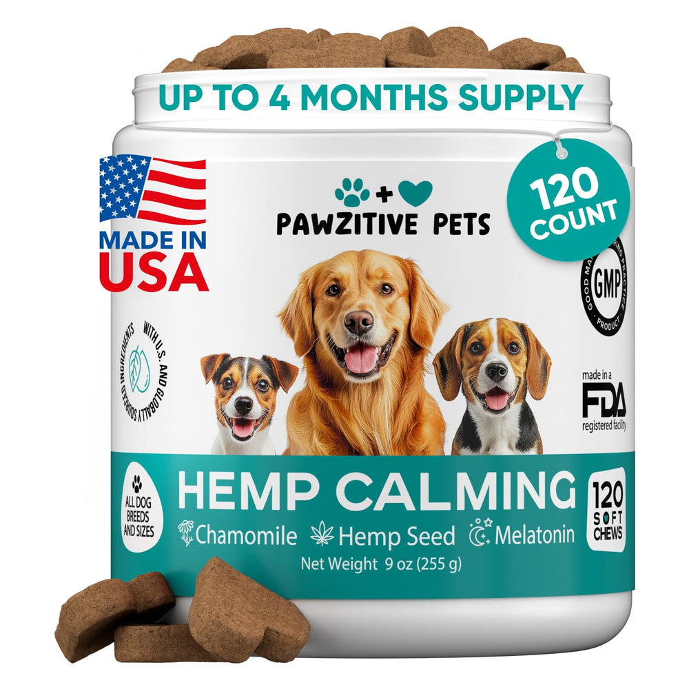 Pawzitive Pets hemp calming chews bottle pour for gentle anxiety management