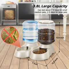 Pawzone water dispenser close-up highlights 3.8L capacity and gravity-fed design