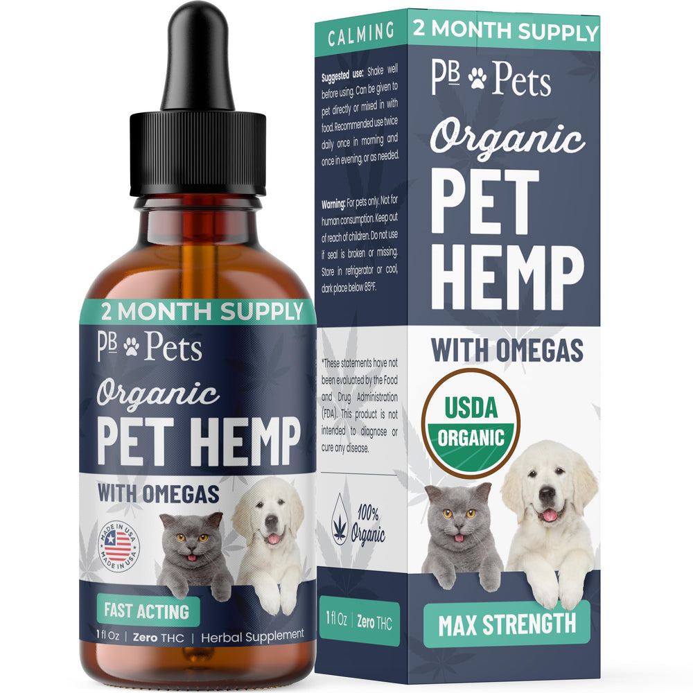 PB Pets Organic Hemp Oil dog bottle offers calming support and daily wellness.