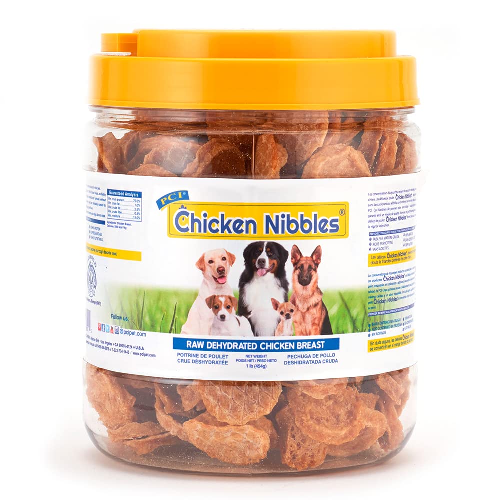 PCI Chicken Nibbles 1lb bag packaging shown for convenient training rewards