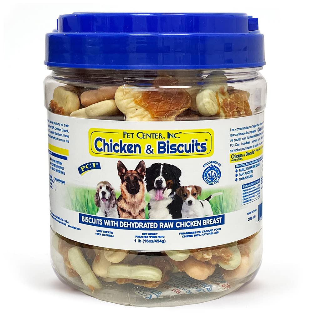 PCI Pet Center Inc. chicken biscuits canister showing convenient, high-protein dog rewards