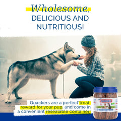 PCI Quackers duck breast treat resealable container demonstrating freshness