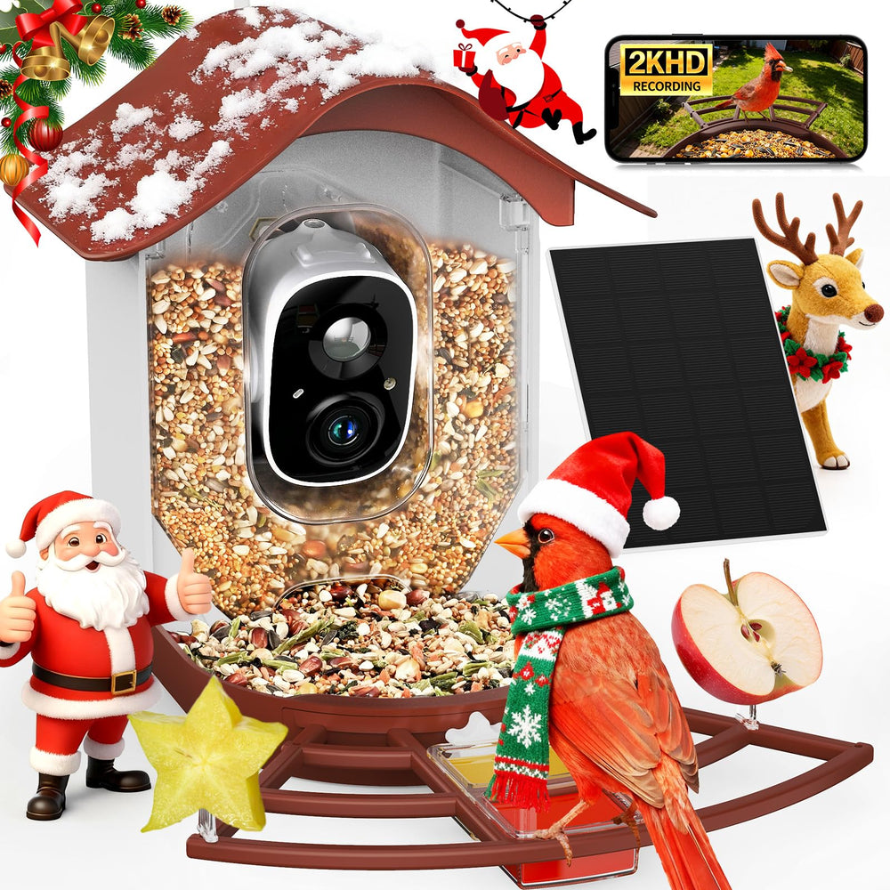 PeckCam bird feeder front view shows a 2K camera for real-time backyard birdwatching.