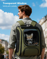 Pecute cat backpack bubble window closeup highlights safe observation during trips.