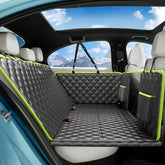 Pecute dog car seat cover on back seat with extended coverage protects upholstery.
