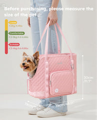 Pecute Dog Purse Carrier under-arm fit demonstrates easy portability for vet visits.