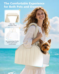Pecute dog purse carrier cream, back view highlighting foldable storage and padding.