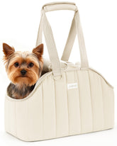 Pecute dog purse carrier cream, front view showing breathable mesh and safety leash.