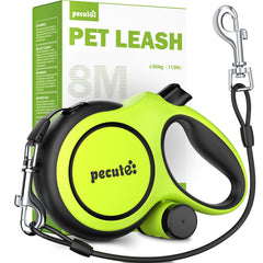 Pecute retractable leash green overview highlighting durable construction for long walks.