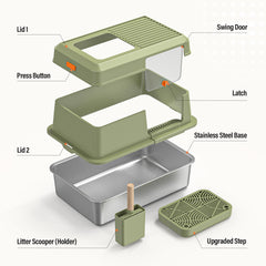 PEDIBAT stainless steel litter box with 6-inch high walls helps contain urine and litter.