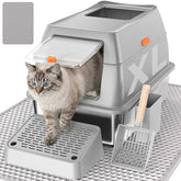 PEDIBAT stainless-steel cat litter box with scoop for quick cleanup.