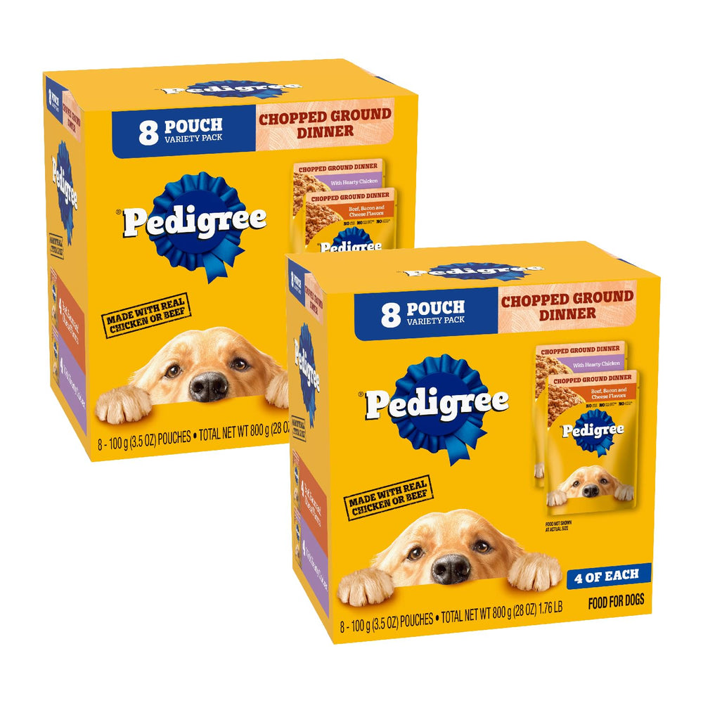 Pedigree Chopped Ground Dinner pouches shown for easy serving and meal variety.