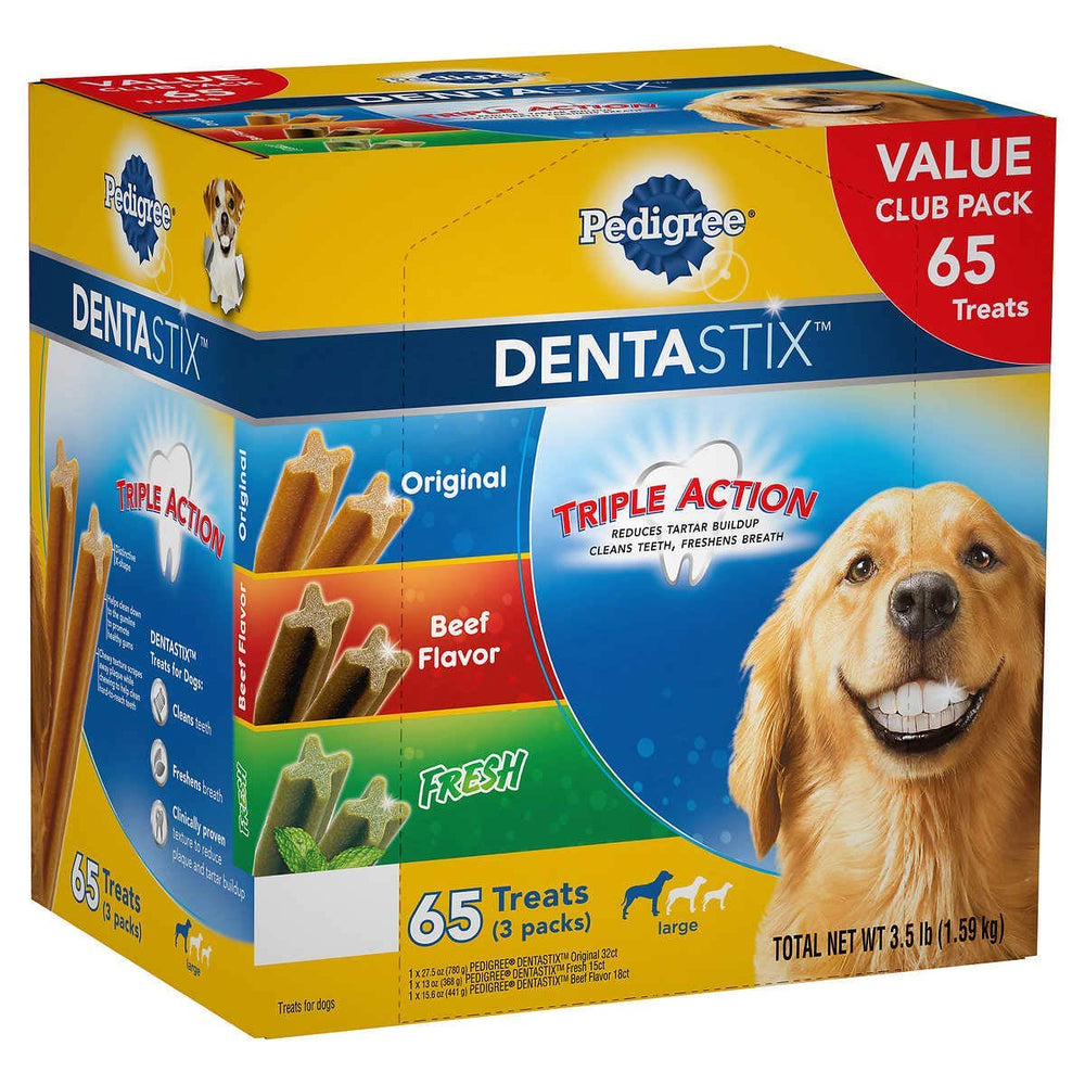 Pedigree Dentastix variety-pack bag for dogs with tartar reduction and fresh breath.