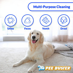 Pee Buster tablets dissolving in warm water for strong, ready-to-use cleaning.