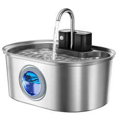 PEKTACO stainless steel cat fountain with 108oz capacity and visible water level window for fewer refills.