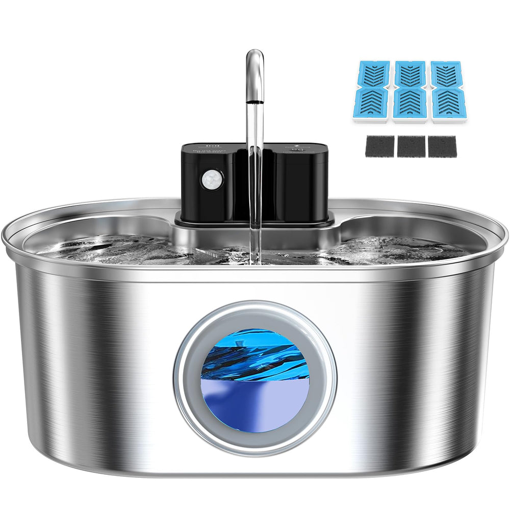 PEKTACO wireless cat water fountain shows 108oz capacity for continuous hydration.
