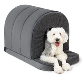 Pelzin indoor dog house with orthopedic egg-crate foam for joint support.