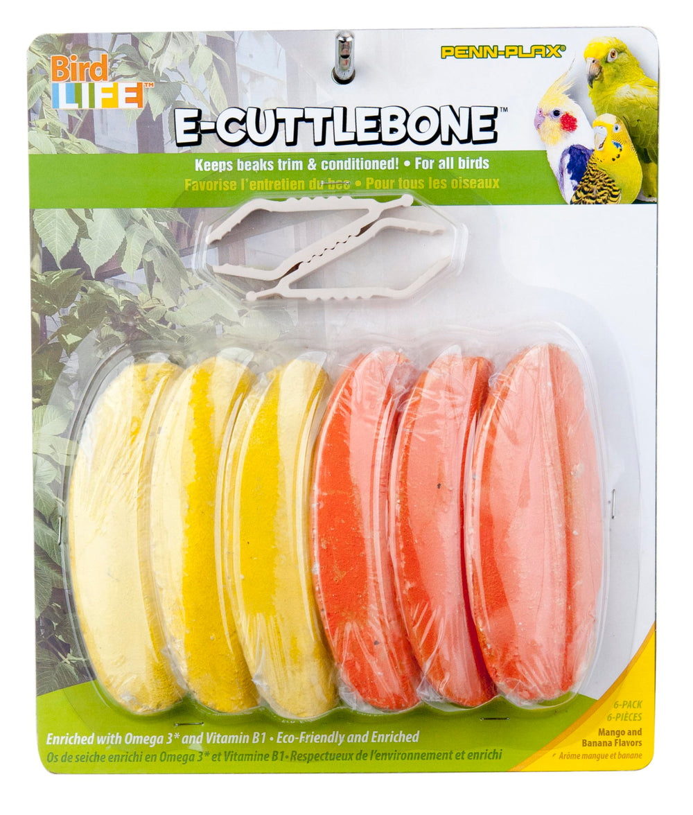 Penn-Plax Bird-Life flavored E Cuttlebone mango banana with clips supports healthy bones and plumage.