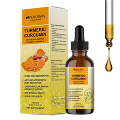 Penoran Dog Turmeric Drops bottle shows easy daily dosing for joint mobility support