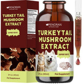 Penoran Turkey Tail Liquid Drops bottle on counter suggesting pet immune support.
