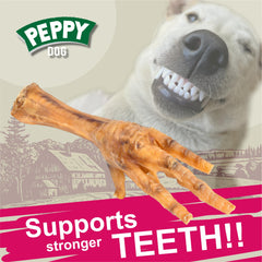 Peppy Dog dental-action close-up highlights chew for teeth care.