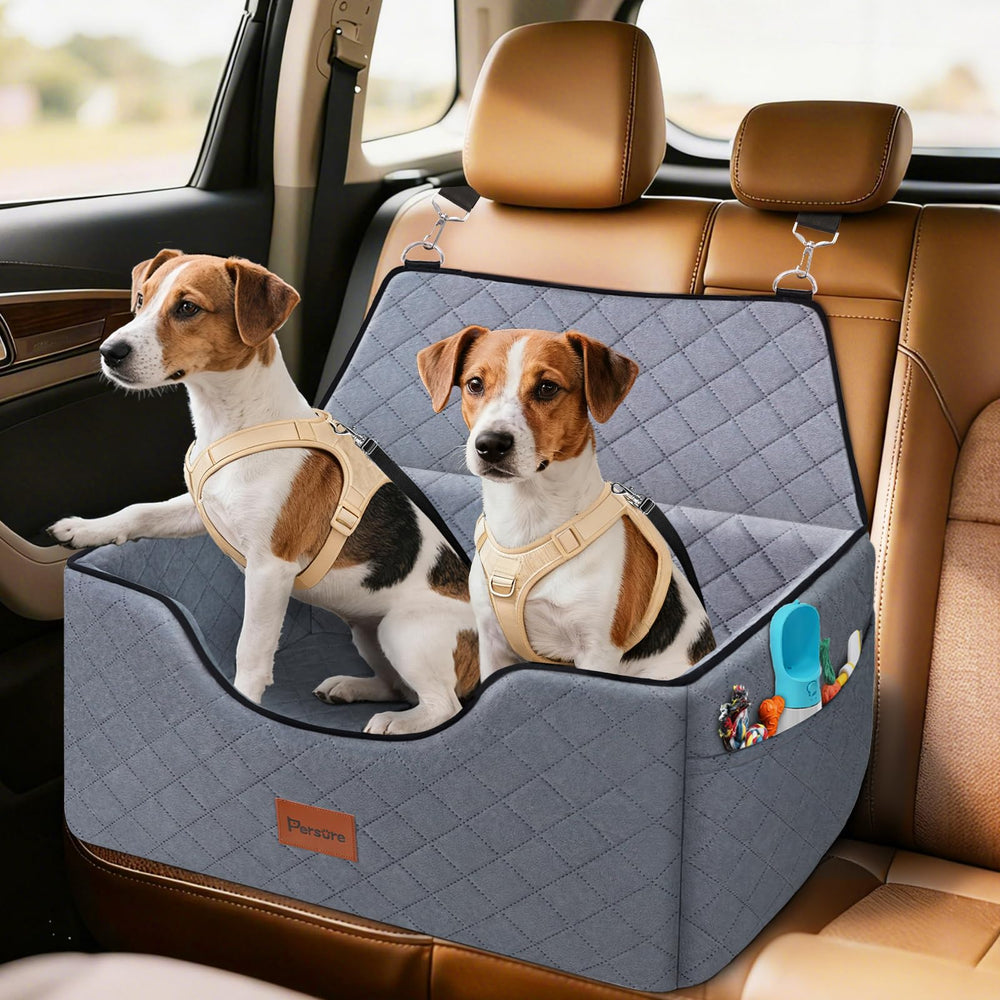 Persure dog car seat front view showing secure attachment and elevated view for anxious travelers on road trips
