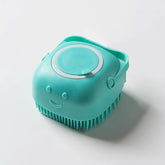 Pet Bath Massage Brush with Soap Dispenser shows built-in foam delivery for easy bathing