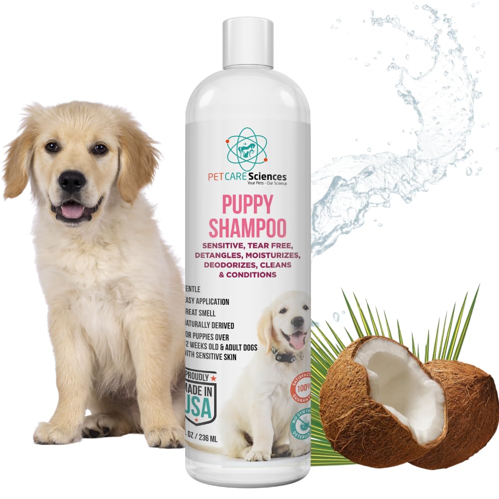 PET CARE Sciences tearless-puppy-shampoo bottle close-up shows gentle cleansing for sensitive coats