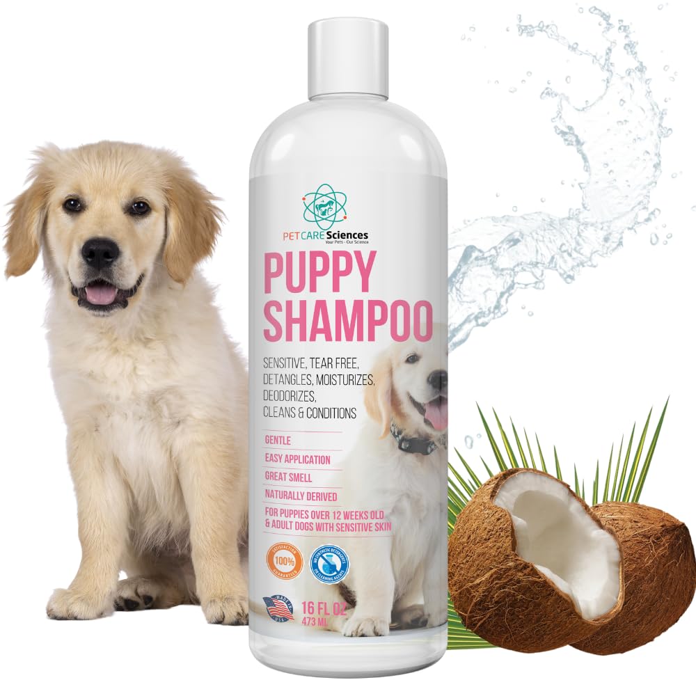 PET CARE Sciences tearless puppy shampoo bottle shows gentle cleansing for sensitive skin.