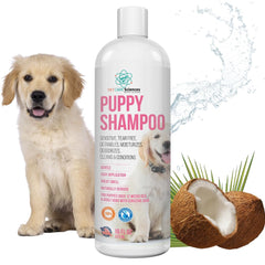 PET CARE Sciences tearless puppy shampoo bottle shows gentle cleansing for sensitive skin.