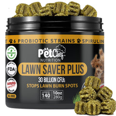 Pet Chef Dog Urine Neutralizer jar closeup showing protective lawn formula.