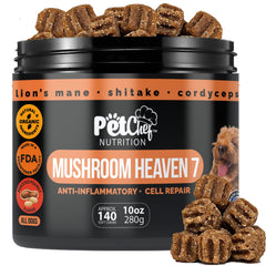 Pet Chef Nutrition Premium Mushrooms jar highlighting the product for daily canine wellness
