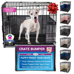Pet Dreams crate bumper front view in grey shows universal fit and cozy interior.